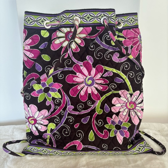 Vera Bradley Purple Punch Floral Black Green Pink Quilted Drawstring Backpack - Picture 2 of 8
